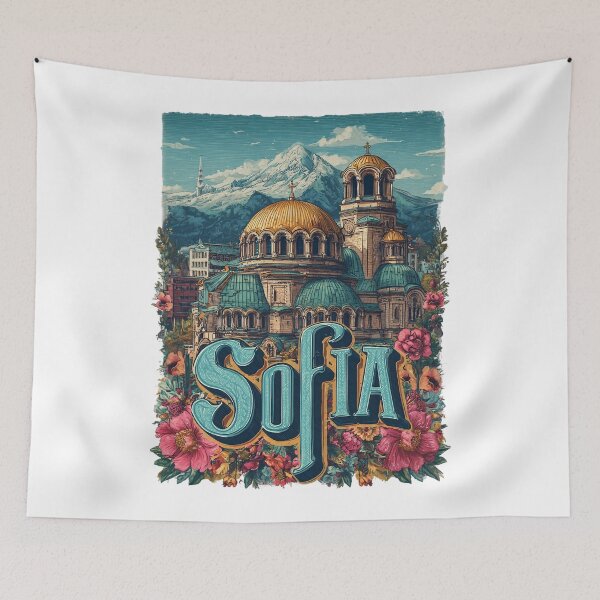 Item preview, Sofia, Bulgaria. Motif with Alexander Nevsky Cathedral, mountains and flower frame. designed and sold by Meiersbeste.