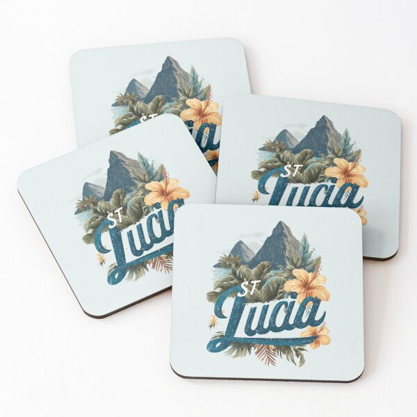 Item preview, St. Lucia Caribbean motif with Pitons, tropical leaves and hibiscus designed and sold by Meiersbeste.