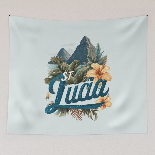 Item preview, St. Lucia Caribbean motif with Pitons, tropical leaves and hibiscus designed and sold by Meiersbeste.