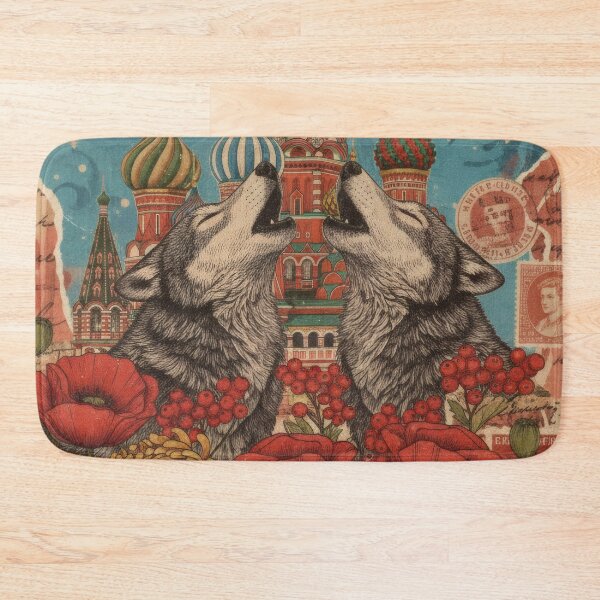 Item preview, Winter Wolves Over Moscow Flowers Vintage Collage Poster designed and sold by CoffeeinBloom.