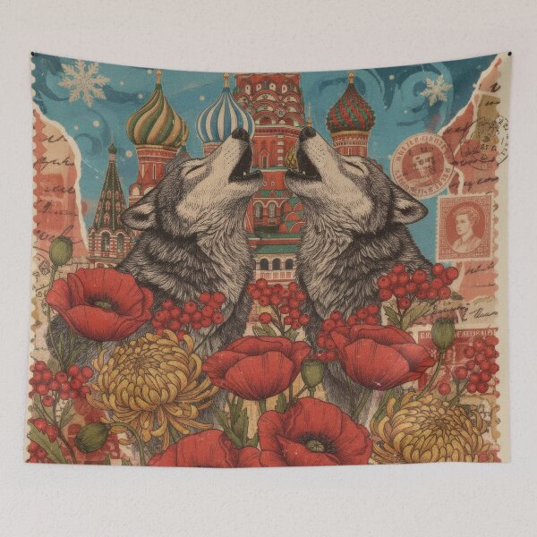 Item preview, Winter Wolves Over Moscow Flowers Vintage Collage Poster designed and sold by CoffeeinBloom.