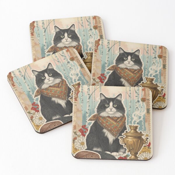 Item preview, Russian Birch Forest Cat Collage With Samovar And Bread designed and sold by CoffeeinBloom.