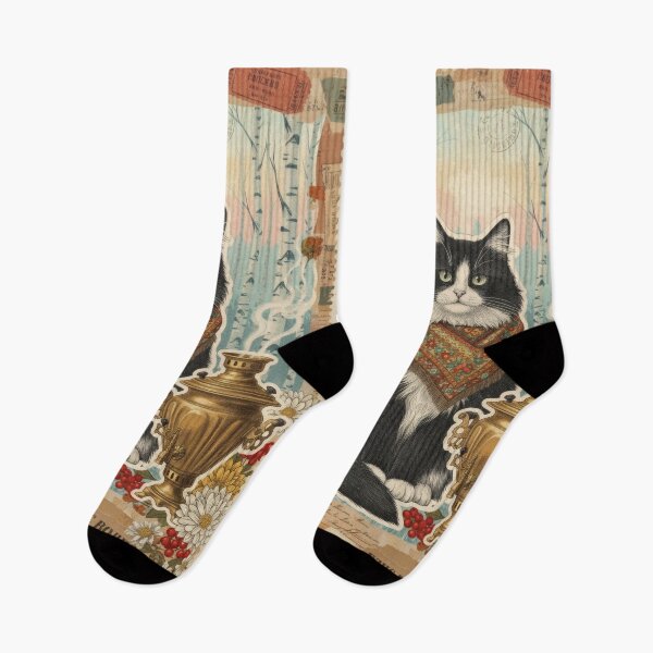 Item preview, Russian Birch Forest Cat Collage With Samovar And Bread designed and sold by CoffeeinBloom.