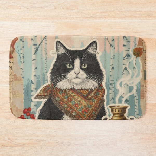 Item preview, Russian Birch Forest Cat Collage With Samovar And Bread designed and sold by CoffeeinBloom.