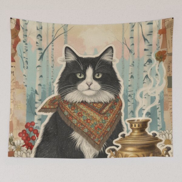 Item preview, Russian Birch Forest Cat Collage With Samovar And Bread designed and sold by CoffeeinBloom.