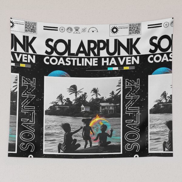 Item preview, Solarpunk Coastline Haven Kids Beach Art Print designed and sold by Raw-Ink.
