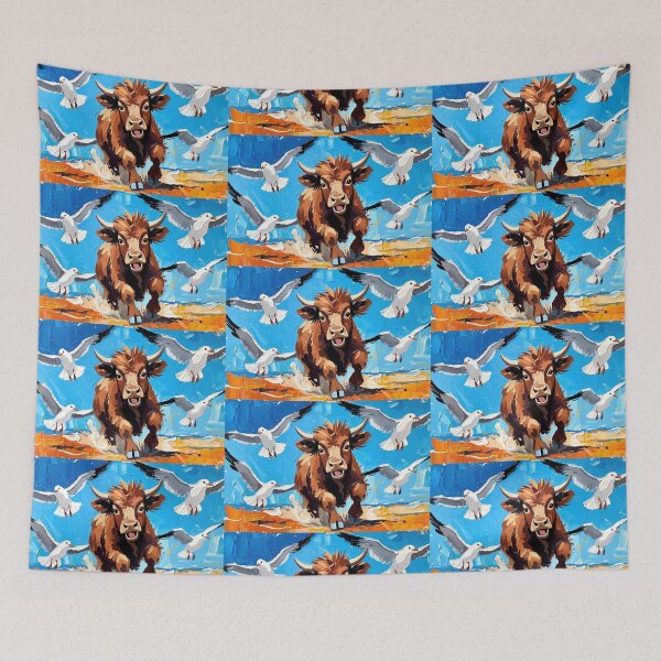 Item preview, Happy Highland Calf Chasing Seagulls at the Beach designed and sold by ChrisButler.