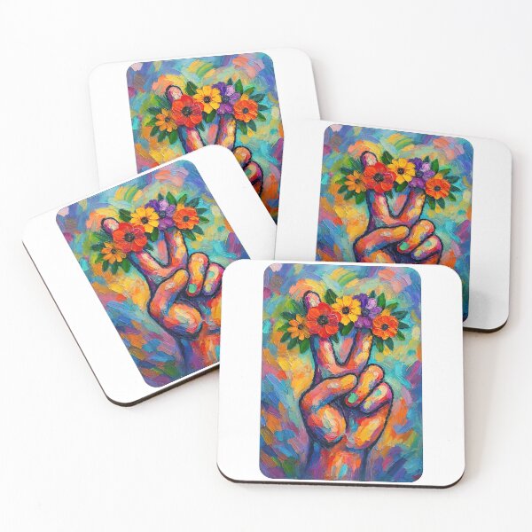 Artikelvorschau, Friedenszeichen, abstrakte Kunst mit Friedenszeichen-Hand und Blumenkranz, Emoji mit Friedenszeichen entworfen und verkauft von graphic-genie.