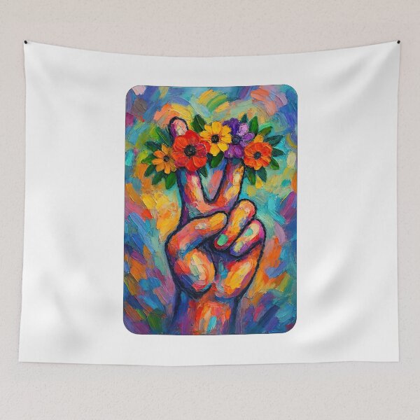 Artikelvorschau, Friedenszeichen, abstrakte Kunst mit Friedenszeichen-Hand und Blumenkranz, Emoji mit Friedenszeichen entworfen und verkauft von graphic-genie.