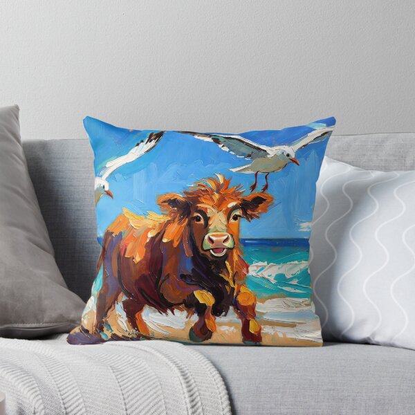 Item preview, Happy Highland Calf Chasing Seagulls on the Beach designed and sold by ChrisButler.