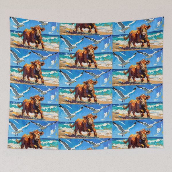 Item preview, Happy Highland Calf Chasing Seagulls on the Beach designed and sold by ChrisButler.