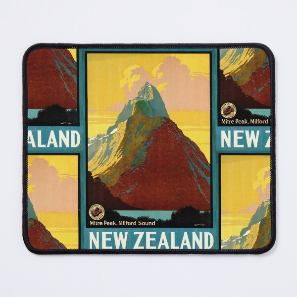 Item preview, Vintage New Zealand Travel Poster | Mitre Peak Milford Sound Art | Art Deco Style Wall Decor | Bold Colorful Retro Print designed and sold by artofuniverse.