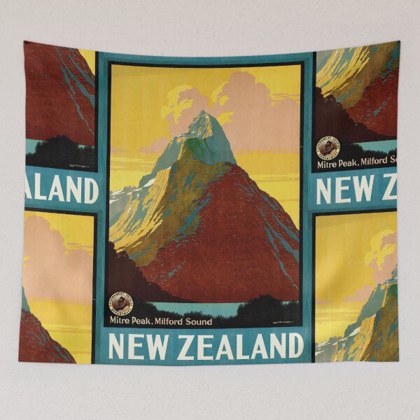 Item preview, Vintage New Zealand Travel Poster | Mitre Peak Milford Sound Art | Art Deco Style Wall Decor | Bold Colorful Retro Print designed and sold by artofuniverse.