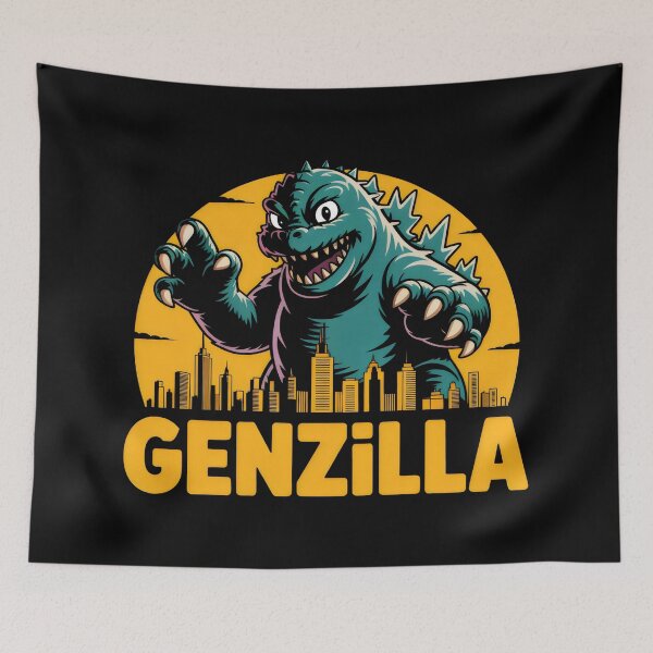 Item preview, GENZILLA Monster Design with City Skyline and Yellow Sun Background designed and sold by SplashTastic.