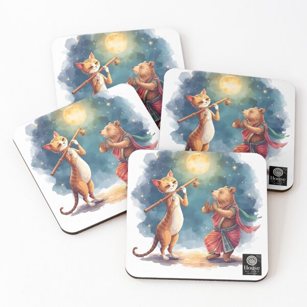 Item preview, Melody Under the Moon – Cat Flute & Dancing Bear Watercolor Art designed and sold by HOUSE OF TIST.