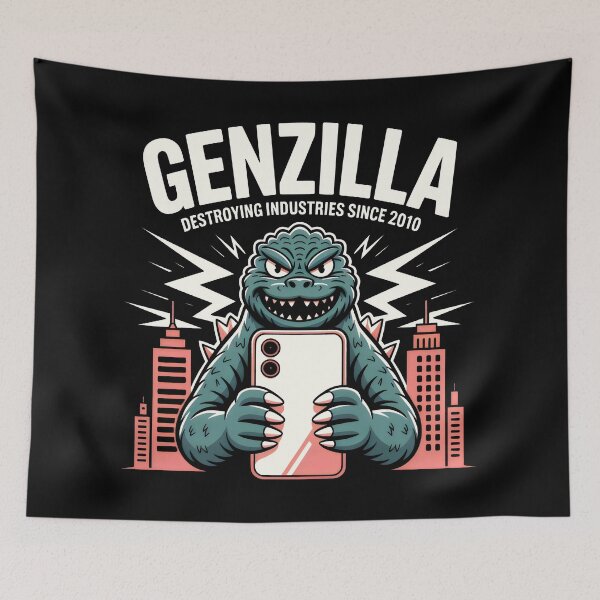 Item preview, GENZILLA Cartoon Monster Design with Smartphone, Lightning Bolts and Urban Chaos designed and sold by SplashTastic.