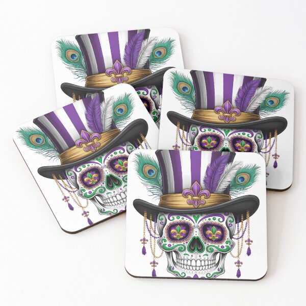 Item preview, Calavera de azúcar de Mardi Gras con sombrero de copa, arte de calavera de oro morado designed and sold by BernoNickel.