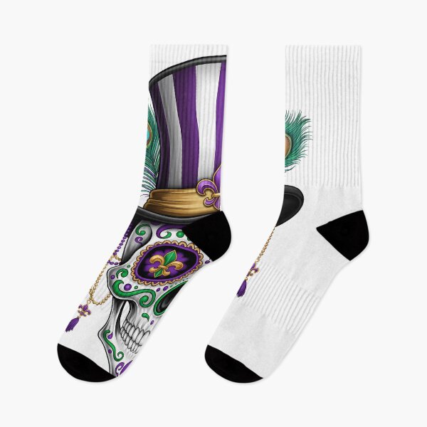 Item preview, Calavera de azúcar de Mardi Gras con sombrero de copa, arte de calavera de oro morado designed and sold by BernoNickel.