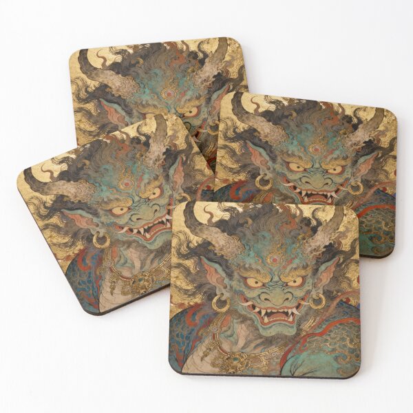 Item preview, Fierce Blue Horned Guardian Deity on Gold designed and sold by zzz888.