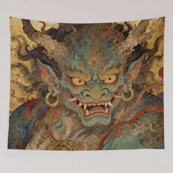Item preview, Fierce Blue Horned Guardian Deity on Gold designed and sold by zzz888.