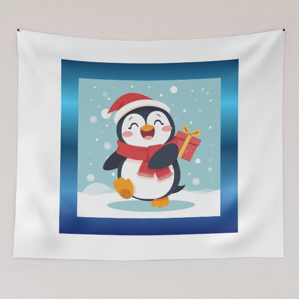 Item preview, happy penguin carrying a present, snowy background elements, kawaii designed and sold by tsintsinshop.