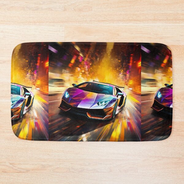 Item preview, Iridescent supercar streaking through neon city canyons designed and sold by RevUpDesign.