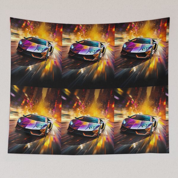 Item preview, Iridescent supercar streaking through neon city canyons designed and sold by RevUpDesign.