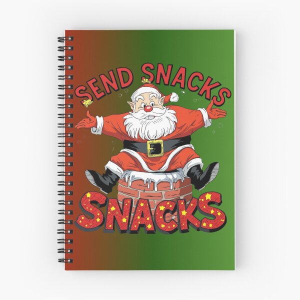 Item preview, funny Santa stuck in chimney, cartoon style, bold outlines, text “Send Snacks designed and sold by tsintsinshop.