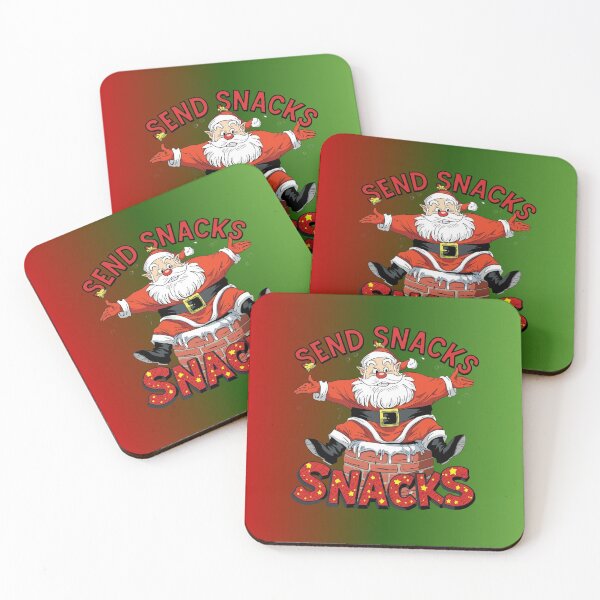 Item preview, funny Santa stuck in chimney, cartoon style, bold outlines, text “Send Snacks designed and sold by tsintsinshop.