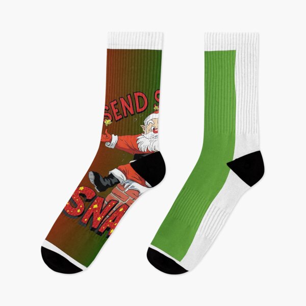 Item preview, funny Santa stuck in chimney, cartoon style, bold outlines, text “Send Snacks designed and sold by tsintsinshop.