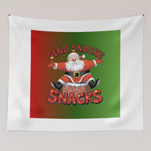 Item preview, funny Santa stuck in chimney, cartoon style, bold outlines, text “Send Snacks designed and sold by tsintsinshop.
