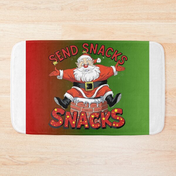 Item preview, funny Santa stuck in chimney, cartoon style, bold outlines, text “Send Snacks designed and sold by tsintsinshop.