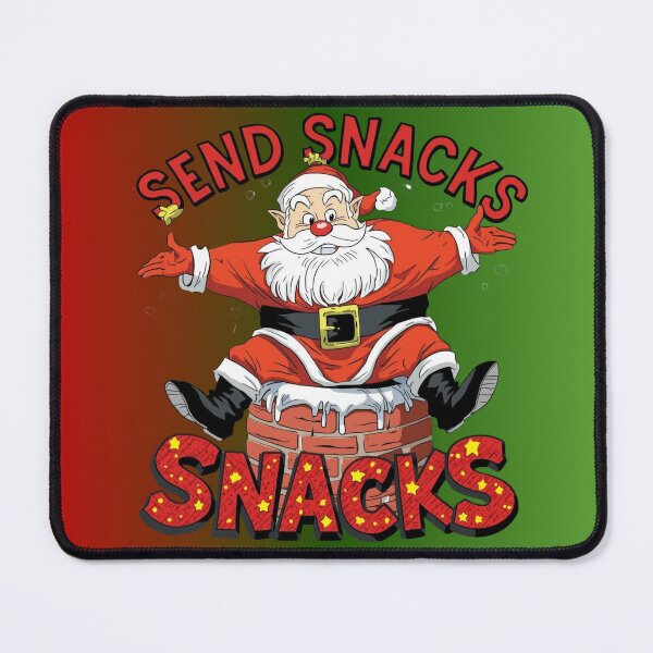 Item preview, funny Santa stuck in chimney, cartoon style, bold outlines, text “Send Snacks designed and sold by tsintsinshop.