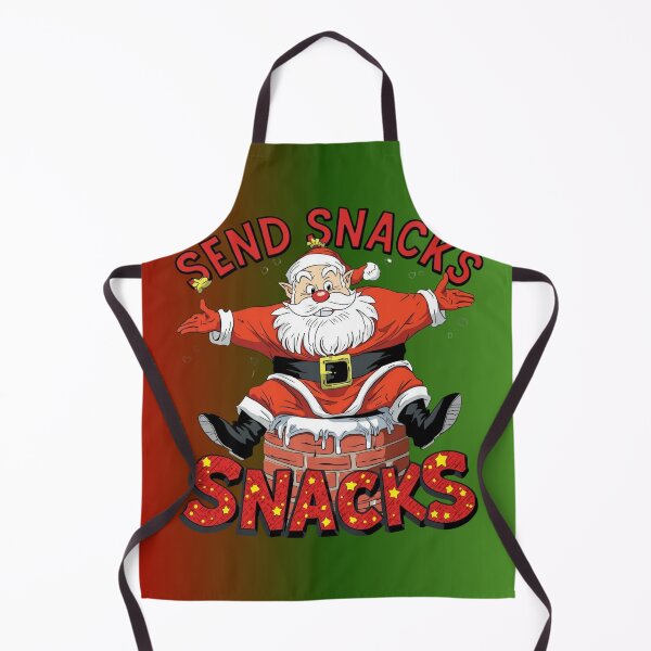 Item preview, funny Santa stuck in chimney, cartoon style, bold outlines, text “Send Snacks designed and sold by tsintsinshop.