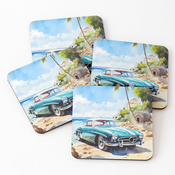 Item preview, Classic teal coupe parked on sunny Mediterranean beach designed and sold by RevUpDesign.