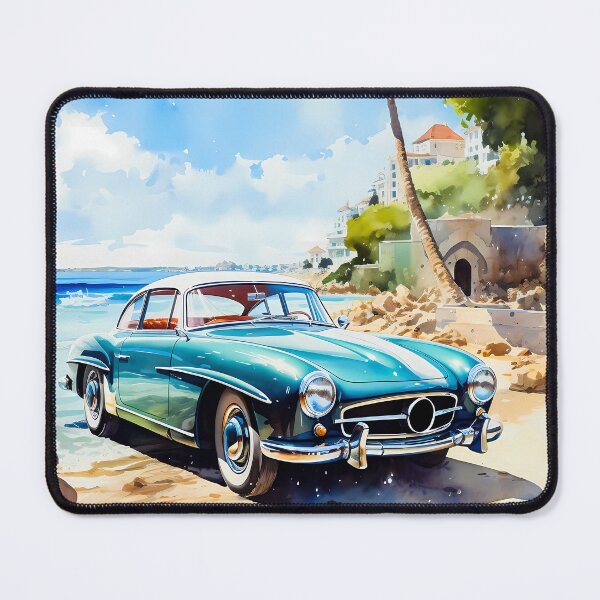 Item preview, Classic teal coupe parked on sunny Mediterranean beach designed and sold by RevUpDesign.