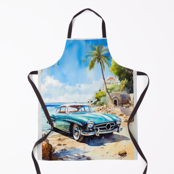 Item preview, Classic teal coupe parked on sunny Mediterranean beach designed and sold by RevUpDesign.