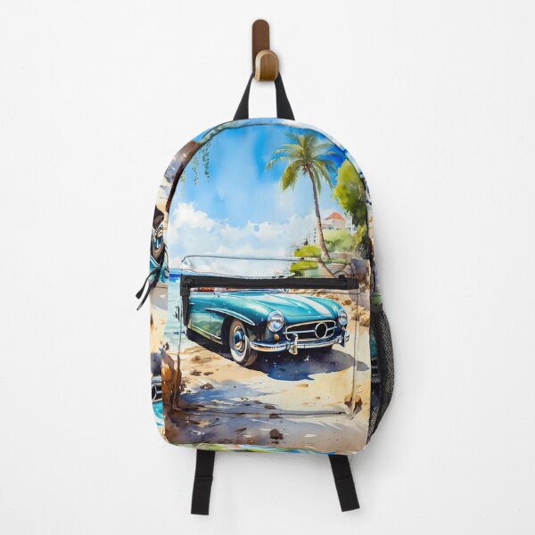 Item preview, Classic teal coupe parked on sunny Mediterranean beach designed and sold by RevUpDesign.
