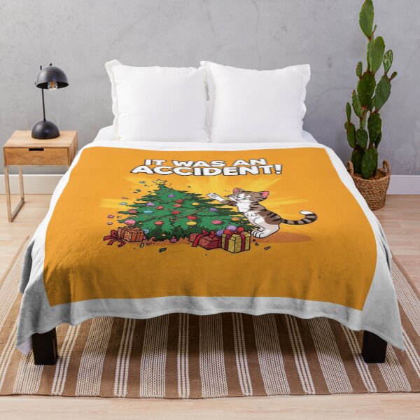 Item preview, cat knocking over Christmas tree, text “It Was an Accident”, meme designed and sold by tsintsinshop.