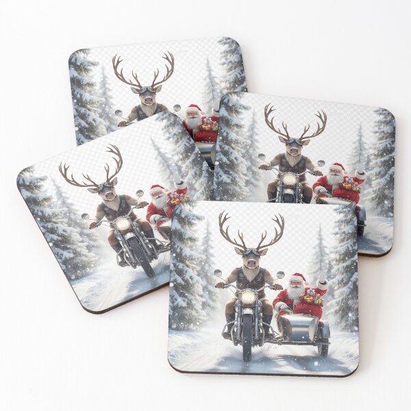 Item preview, Reindeer on a Motorcycle: Santa and Rudolph in a Sidecar Sleigh. Dynamic Design for Bikers and Vintage Style Fans. designed and sold by Studiocolors.