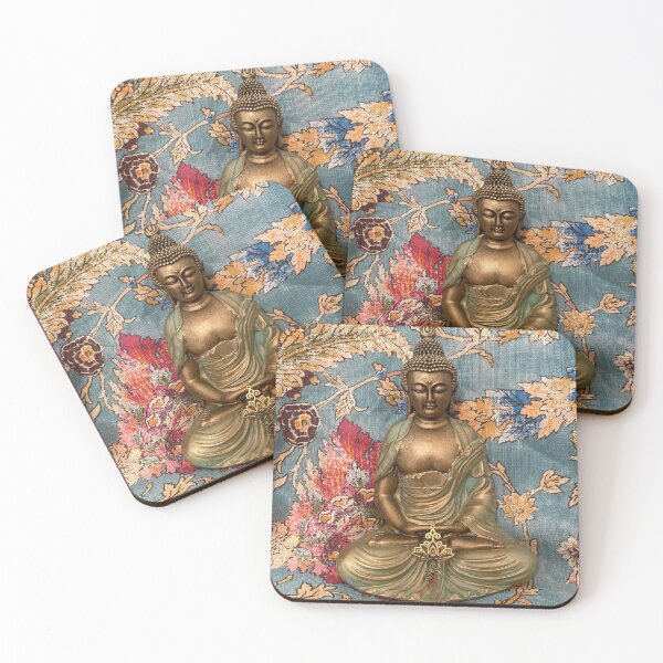 Item preview, Green Buddha in Blue flowered Background designed and sold by ArtbyDeeDeeO.