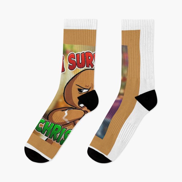 Item preview, grumpy gingerbread man biting a cookie, text “I Survived Christmas”, cartoon style designed and sold by tsintsinshop.