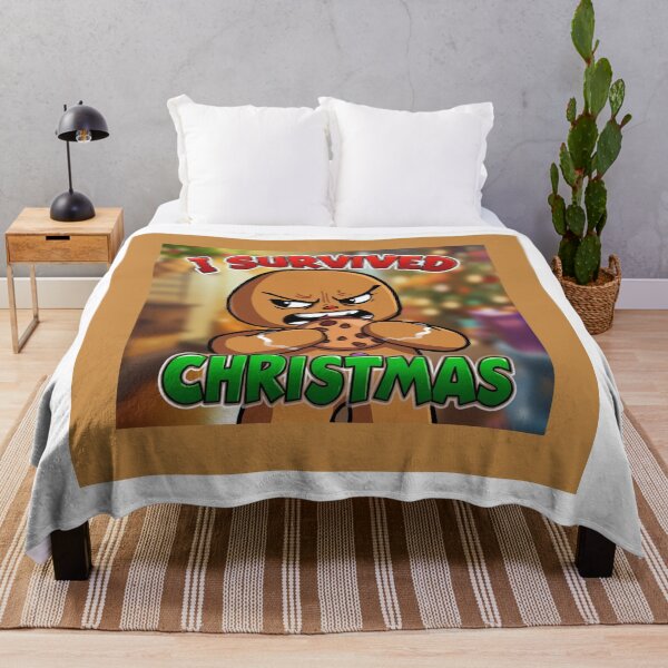 Item preview, grumpy gingerbread man biting a cookie, text “I Survived Christmas”, cartoon style designed and sold by tsintsinshop.