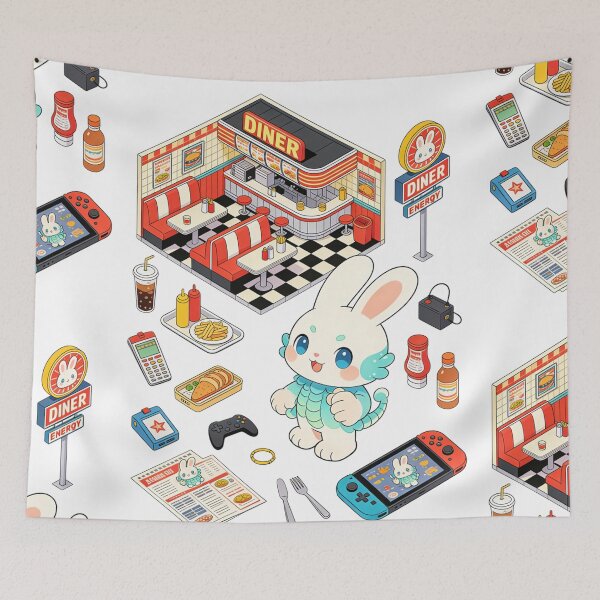 Item preview, Isometric Retro Diner: Kawaii Dragon Bunny and Fast Food Gaming Aesthetic Illustration designed and sold by Cherrydora.