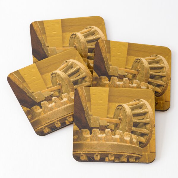Item preview, Rusty Wooden Gear Mechanism Inside Historic Stone Workshop Under Warm Lighting designed and sold by Nmallia.
