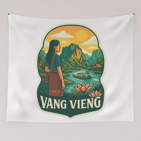 Item preview,  Laotian River Journey in Vang Vieng with Lotus Flowers designed and sold by Places On Earth.