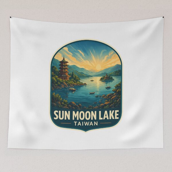 Item preview,  Sunrise Over Sun Moon Lake with Pagodas and Boats, Taiwan designed and sold by Aryabek.
