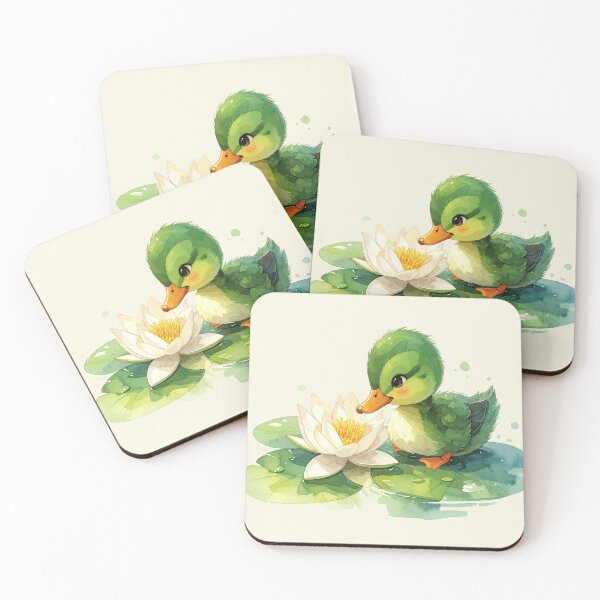 Item preview, A green duckling sniffs at a water lily in watercolor style designed and sold by LiskoDesign.