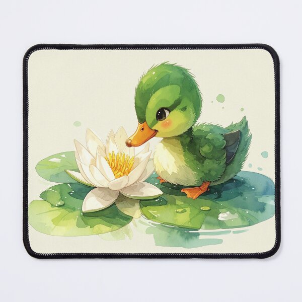 Item preview, A green duckling sniffs at a water lily in watercolor style designed and sold by LiskoDesign.