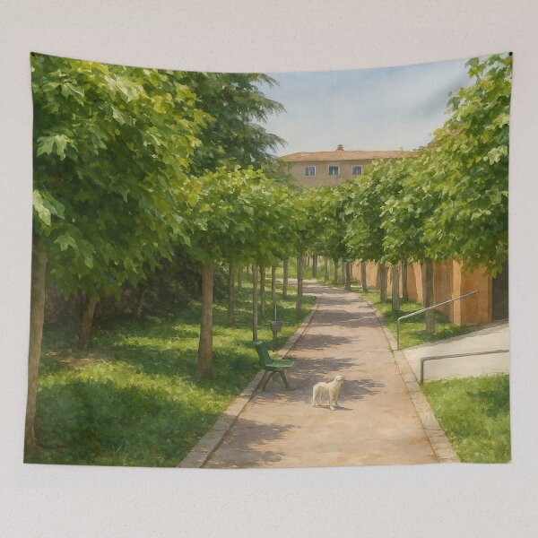 Item preview, Tree-lined promenade in Utrillas – Realistic watercolor designed and sold by Miradas del Mundo.